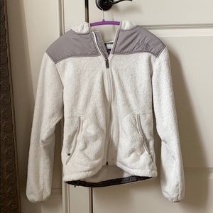 North Face white fluffy zip jacket